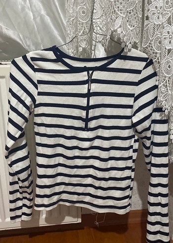 Çizgili Pamuklu Fermuarlı Tişört - Görsel 4