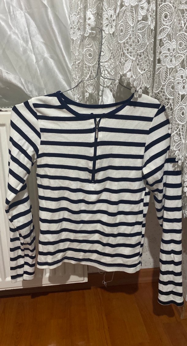 Çizgili Pamuklu Fermuarlı Tişört - Görsel 4