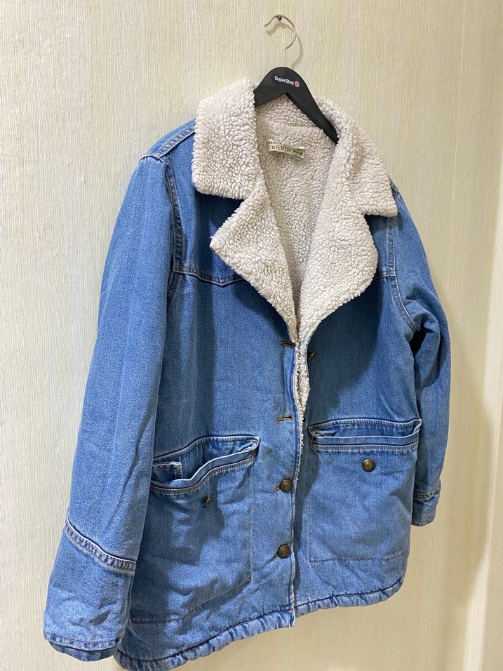 Kadın Gri Peluşlu Mavi Denim Ceket - Görsel 3