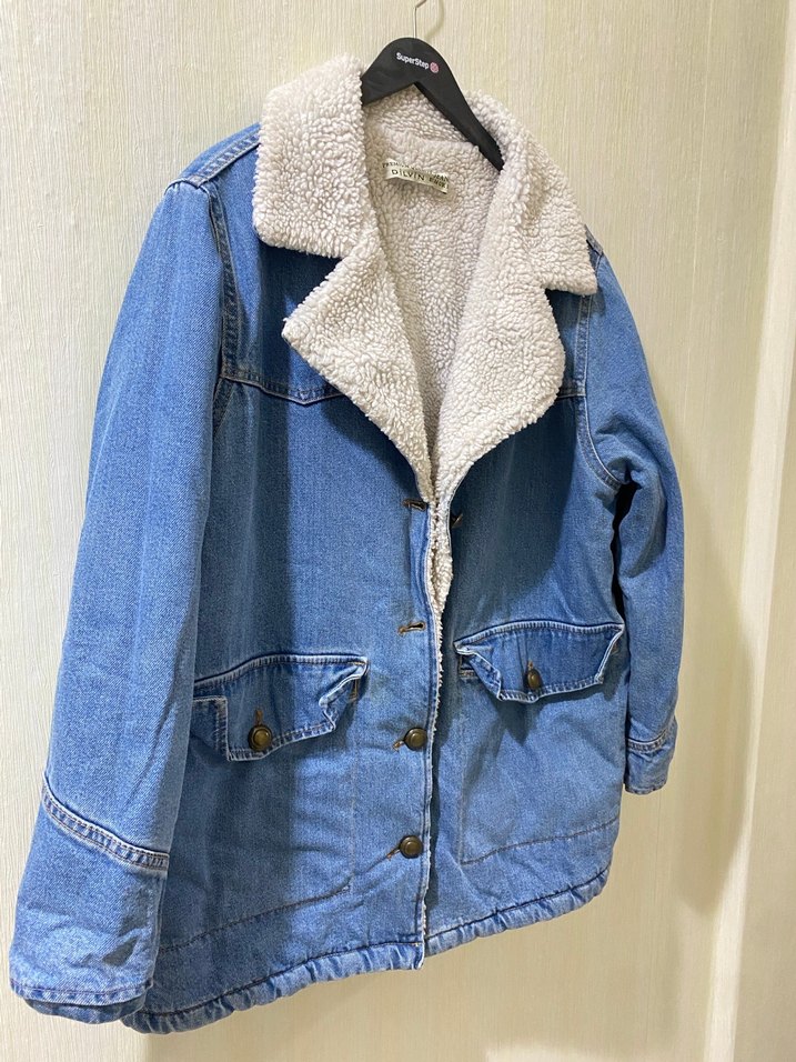 Kadın Gri Peluşlu Mavi Denim Ceket - Görsel 2