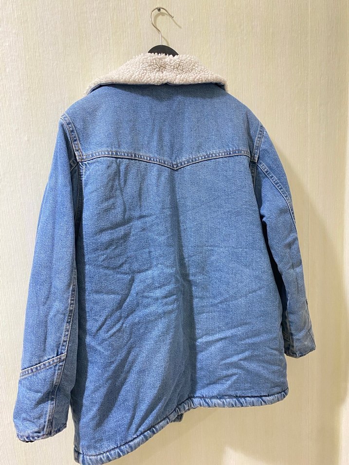 Kadın Gri Peluşlu Mavi Denim Ceket - Görsel 4