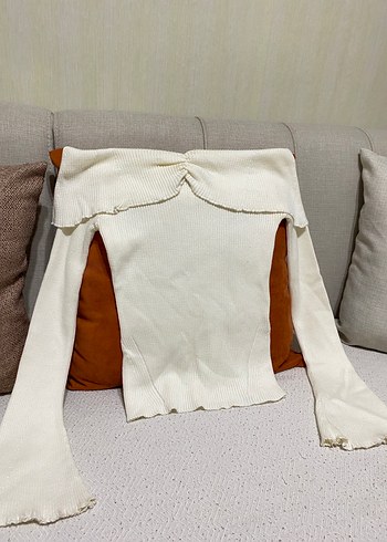 Beyaz Straplez Örgü Kadın Kazak - Görsel 2