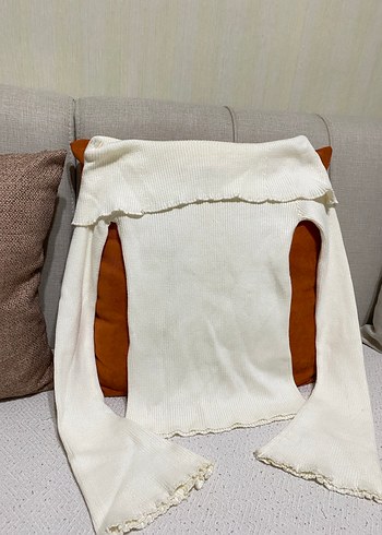 Beyaz Straplez Örgü Kadın Kazak - Görsel 3