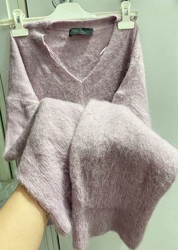 Mor V Yaka Örgü Kadın Kazak - Görsel 2