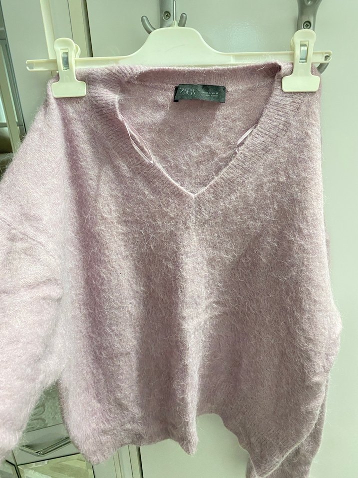 Mor V Yaka Örgü Kadın Kazak - Görsel 4