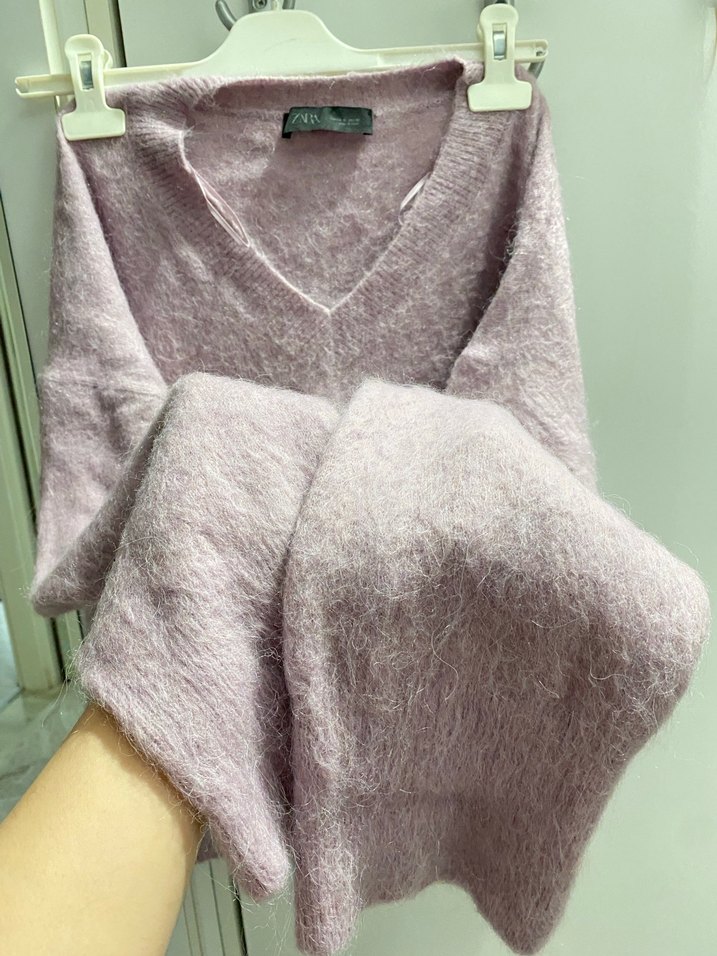 Mor V Yaka Örgü Kadın Kazak - Görsel 2