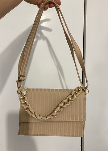 Bej Yılan Desenli Zincir Detaylı Deri Çanta - Görsel 2