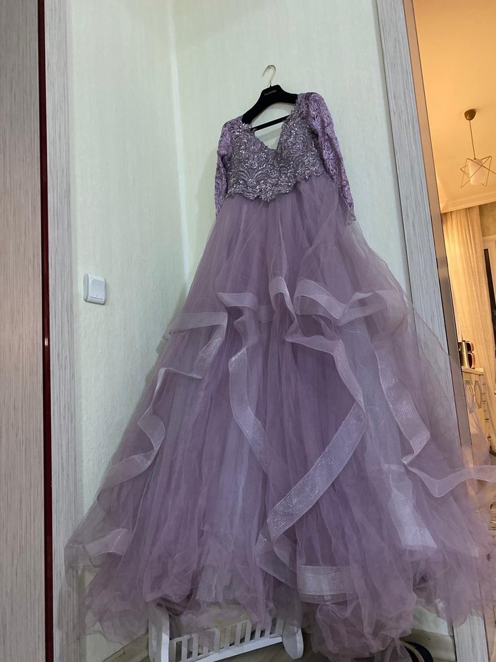 Uzun Kollu Mor İşlemeli Bohem Abiye Elbise - Görsel 4