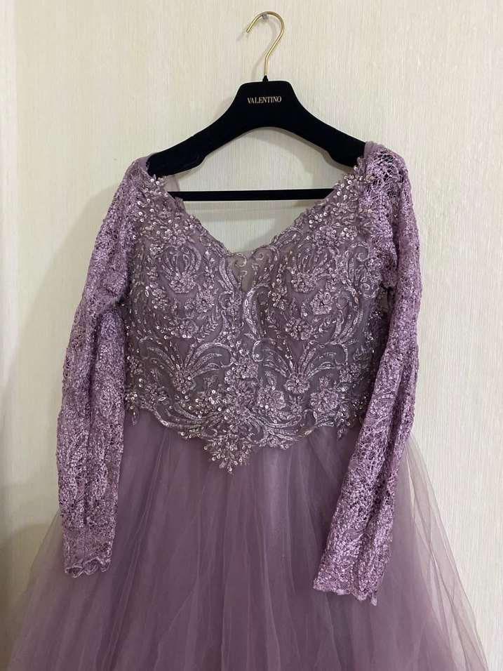 Uzun Kollu Mor İşlemeli Bohem Abiye Elbise - Görsel 2