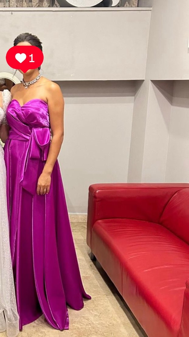 Mor Uzun Straplez Drapeli Kadın Abiye Elbise - Görsel 2