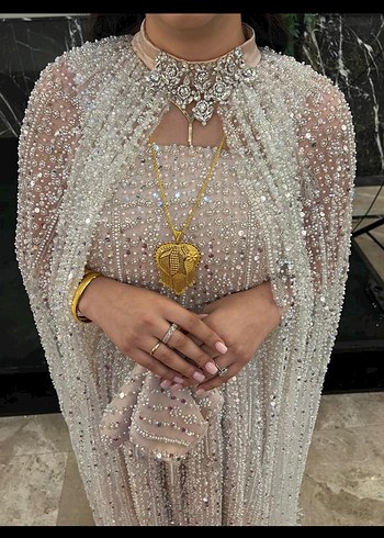 İşlemeli Bej Uzun Kollu Bohem Kadın Abiye 38/40 beden uygundur - Görsel 3