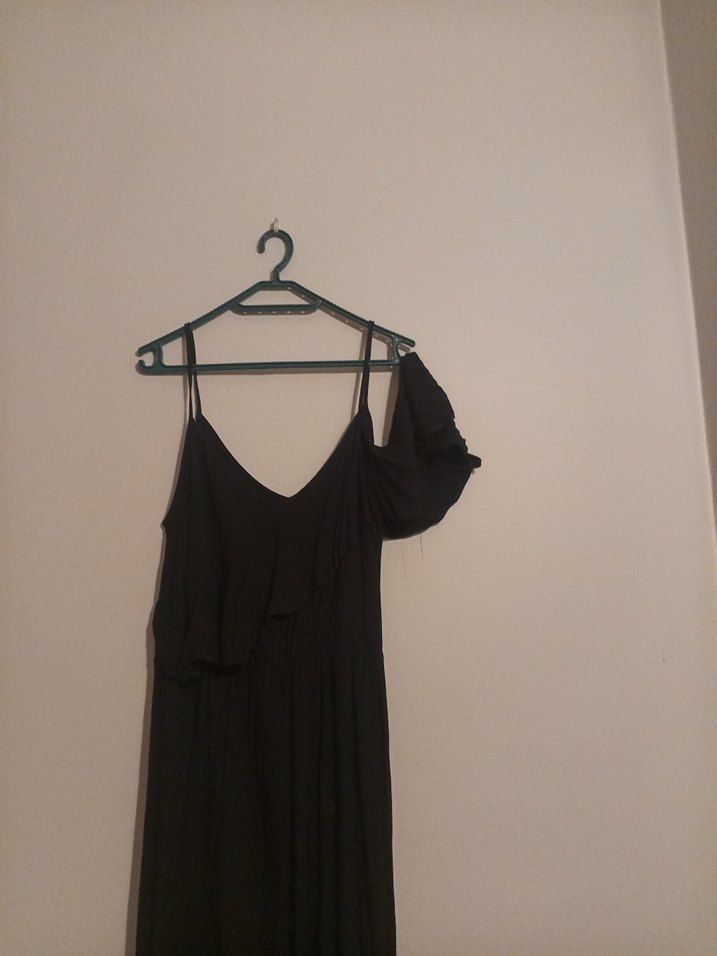 Siyah V Yaka Drapeli Uzun Elbise - Görsel 5