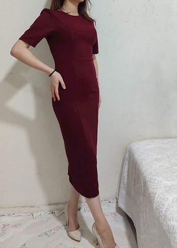 s Beden bordo Renk Bordo Midi Kalem Elbise V Yaka Askılı