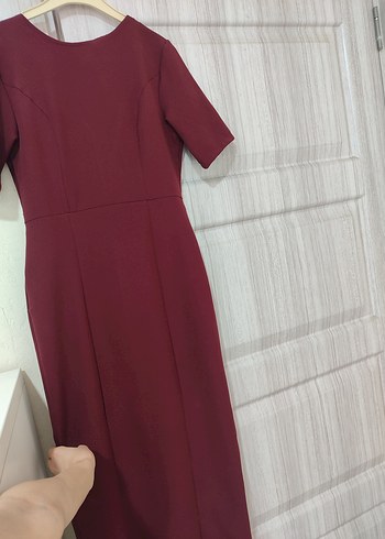 Bordo Midi Kalem Elbise V Yaka Askılı