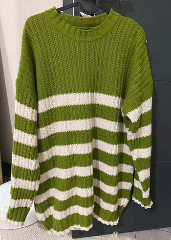 Yeşil Beyaz Çizgili Kadın Triko Kazak - Görsel 2