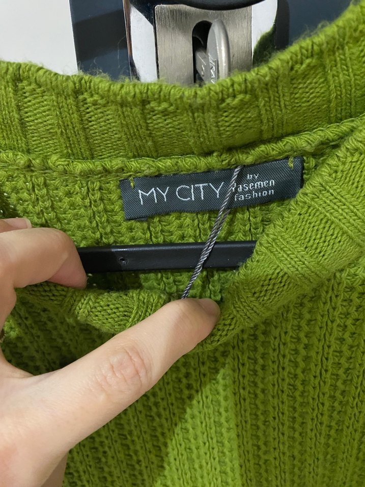 Yeşil Beyaz Çizgili Kadın Triko Kazak - Görsel 3