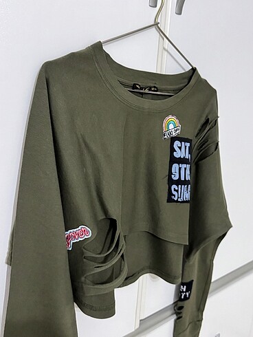 Yeşil uzun kollu crop - Görsel 2