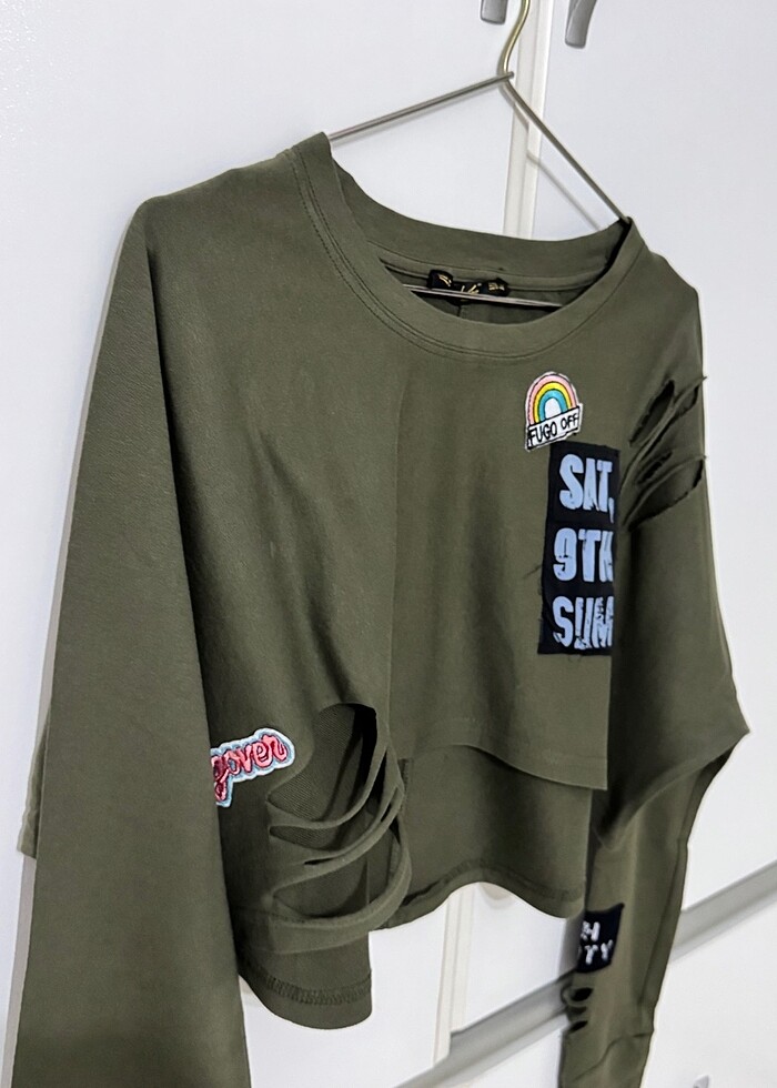 Yeşil uzun kollu crop - Görsel 2