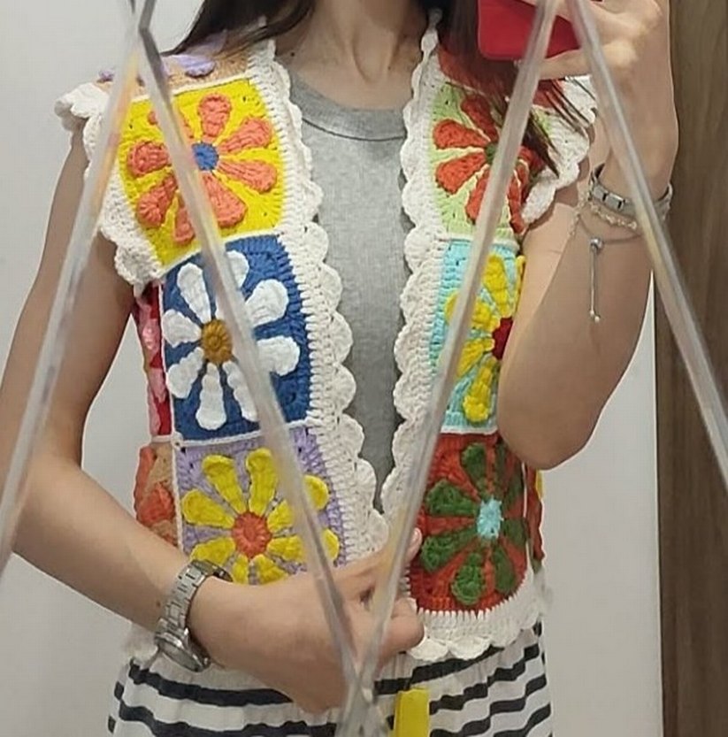 Renkli çiçek motifli yelek - Görsel 3