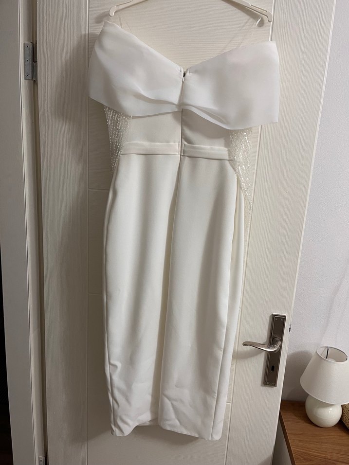 Midi boy Beyaz Straplez Düz elbise - Görsel 5