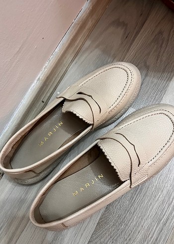 Bej Deri Kadın Klasik Loafer Ayakkabı - Görsel 4