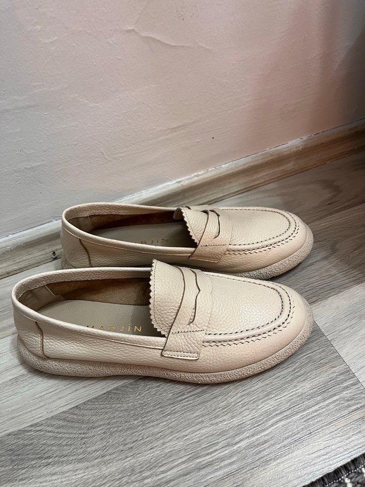 Bej Deri Kadın Klasik Loafer Ayakkabı - Görsel 5