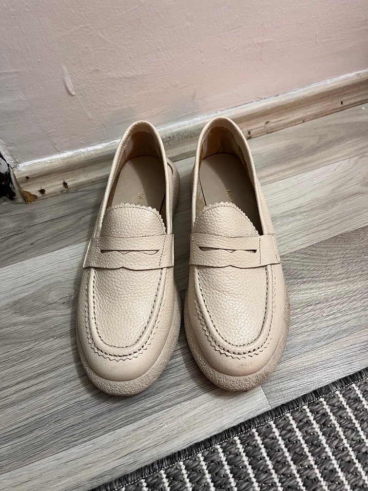 Bej Deri Kadın Klasik Loafer Ayakkabı - Görsel 2