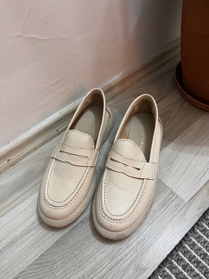 Bej Deri Kadın Klasik Loafer Ayakkabı - Görsel 3