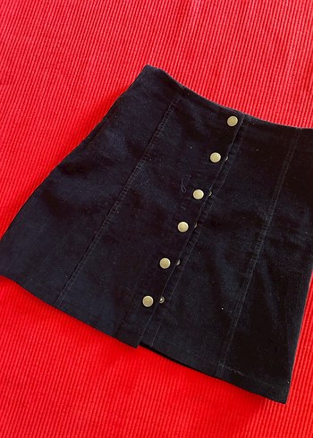 Düğmeli Siyah Midi Denim Mini Etek