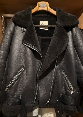 Zara Siyah Deri Kürklü Biker Ceket