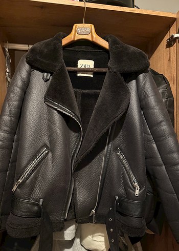Siyah Deri Kürklü Biker Ceket