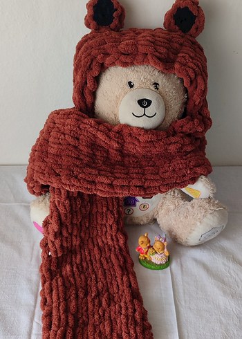 Kahverengi Örgü Çocuk Bere ve Atkı Seti - Görsel 2