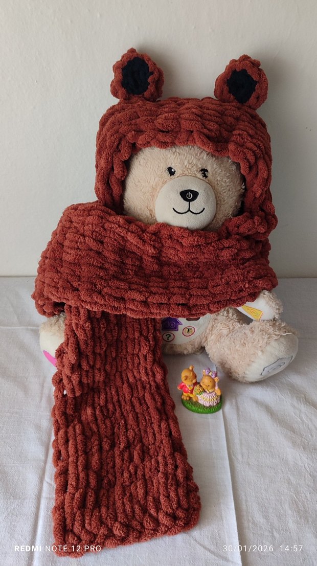 Kahverengi Örgü Çocuk Bere ve Atkı Seti - Görsel 2