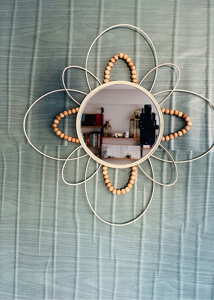 Rattan ve ahşap boncuklu dekoratif ayna - Görsel 2