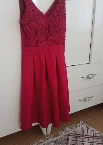 Pembe güpürlü V Yaka Abiye Elbise