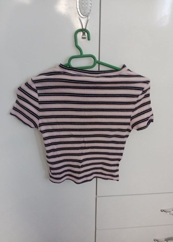 H&M Pembe Çizgili Kısa Kollu Triko Tişört