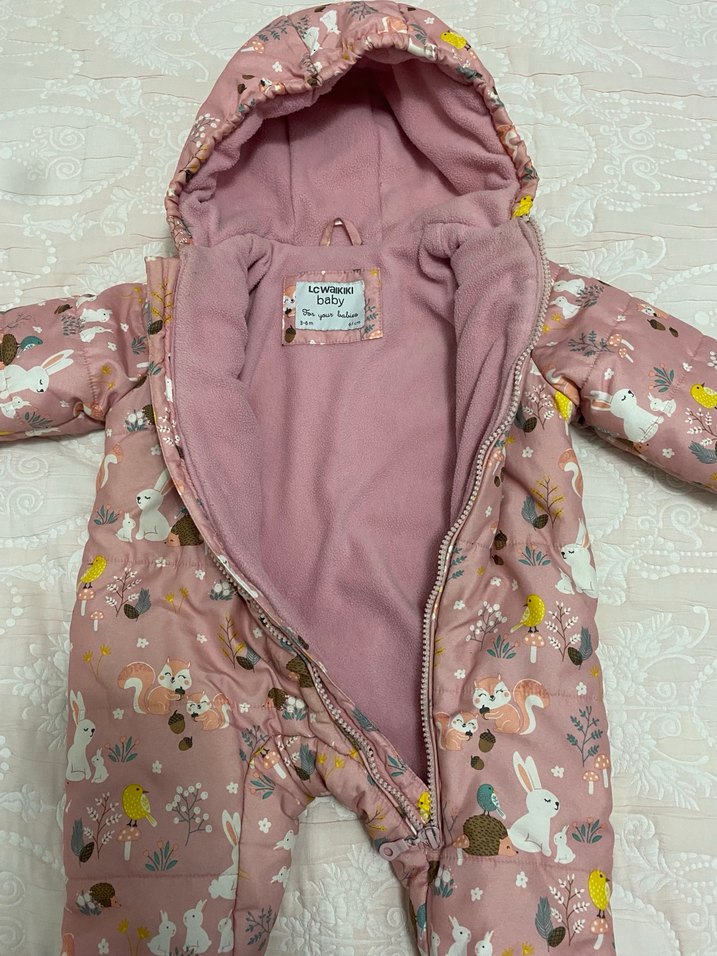 Kürklü Kapüşonlu Pembe Desenli Bebek Tulumu - Görsel 2