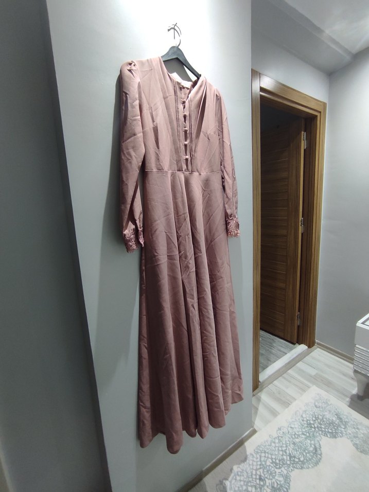 Bej Nakışlı Düğmeli Bohem Kadın Uzun Elbise - Görsel 2