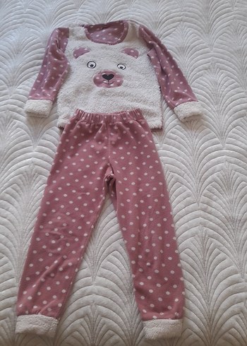 Kız Çocuk Pembe Uzun Kollu Peluş Pijama Takımı
