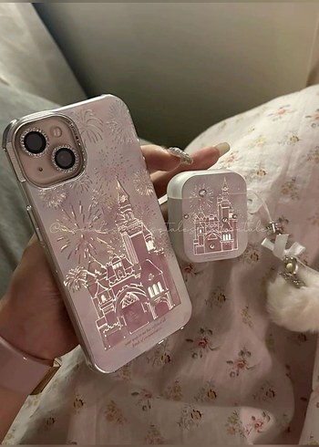 Parlak Pembe Bohem Telefon Kılıfı ve Airpods Kılıfı