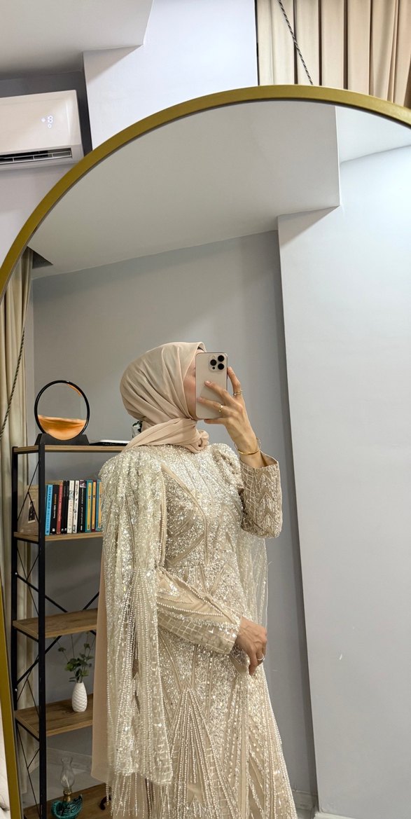 Nakışlı Bej Uzun Abiye Elbise - Görsel 2