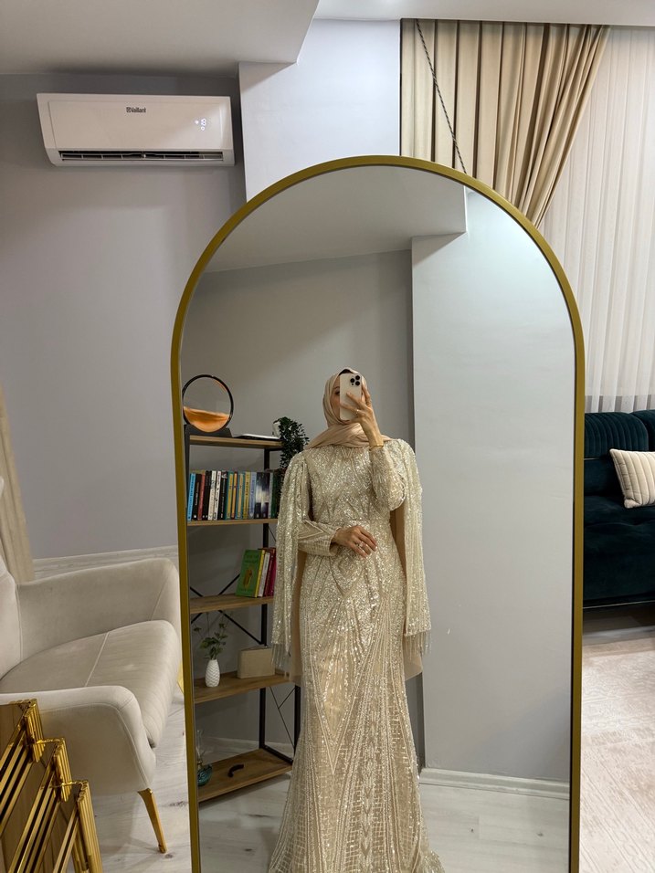 Nakışlı Bej Uzun Abiye Elbise - Görsel 5