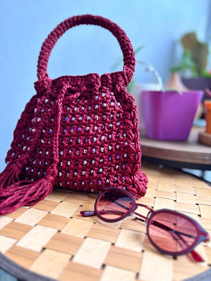 Bordo İşlemeli Boncuklu Örgü Kadın Çanta - Görsel 2