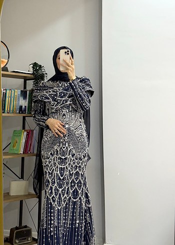 Drapeli Lacivert Uzun Abiye Elbise - Görsel 3