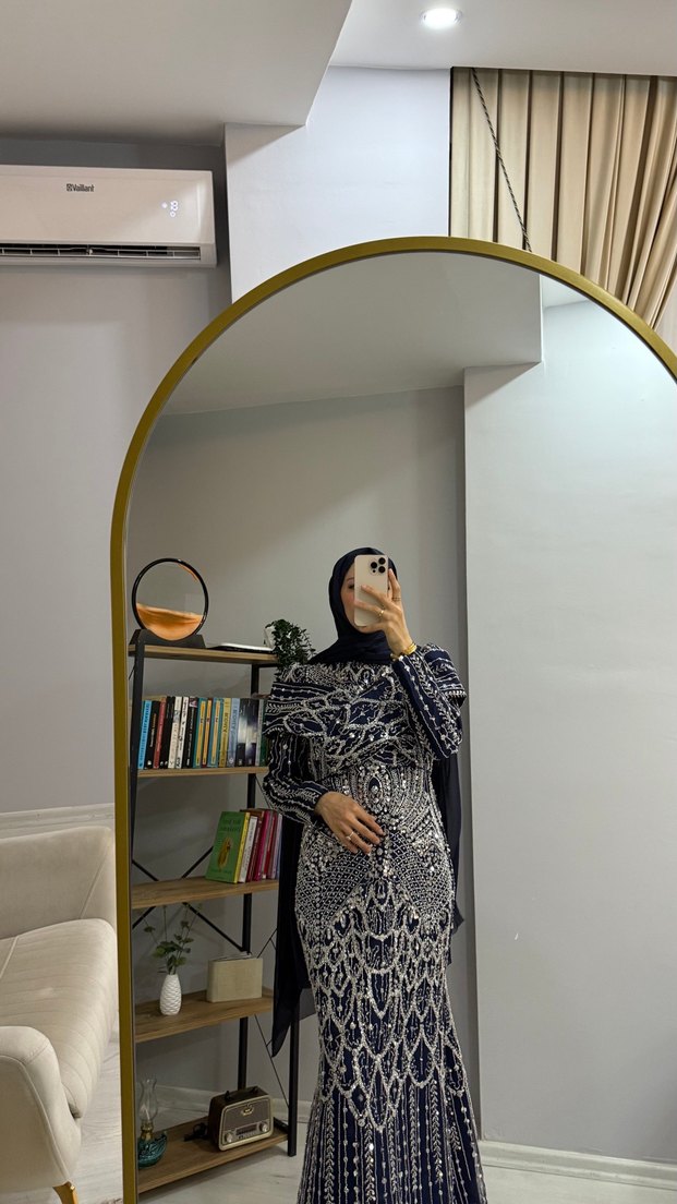 Drapeli Lacivert Uzun Abiye Elbise - Görsel 2