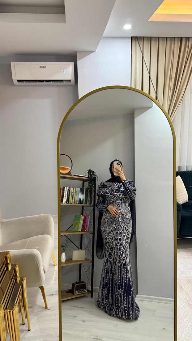 Drapeli Lacivert Uzun Abiye Elbise - Görsel 4