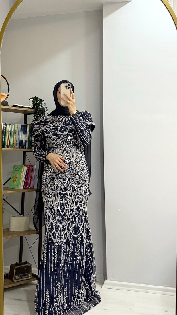 Drapeli Lacivert Uzun Abiye Elbise - Görsel 3