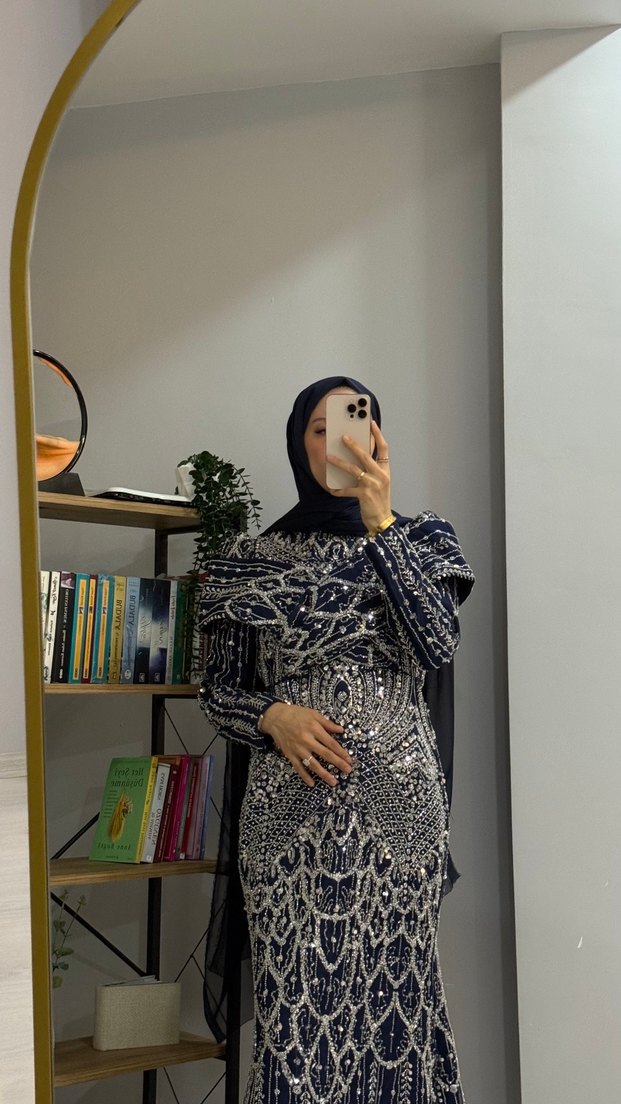 Drapeli Lacivert Uzun Abiye Elbise - Görsel 5