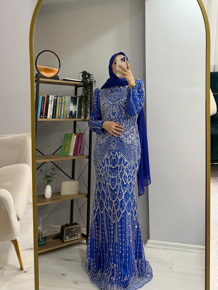 Mavi Drapeli Uzun Abiye Elbise - Görsel 5