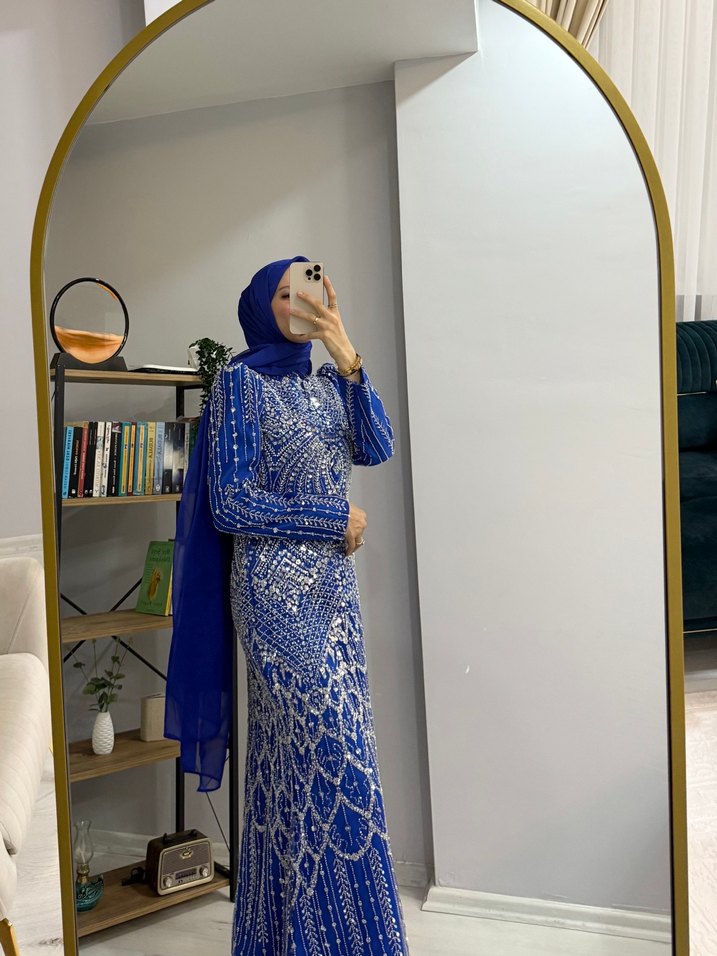 Mavi Drapeli Uzun Abiye Elbise - Görsel 4